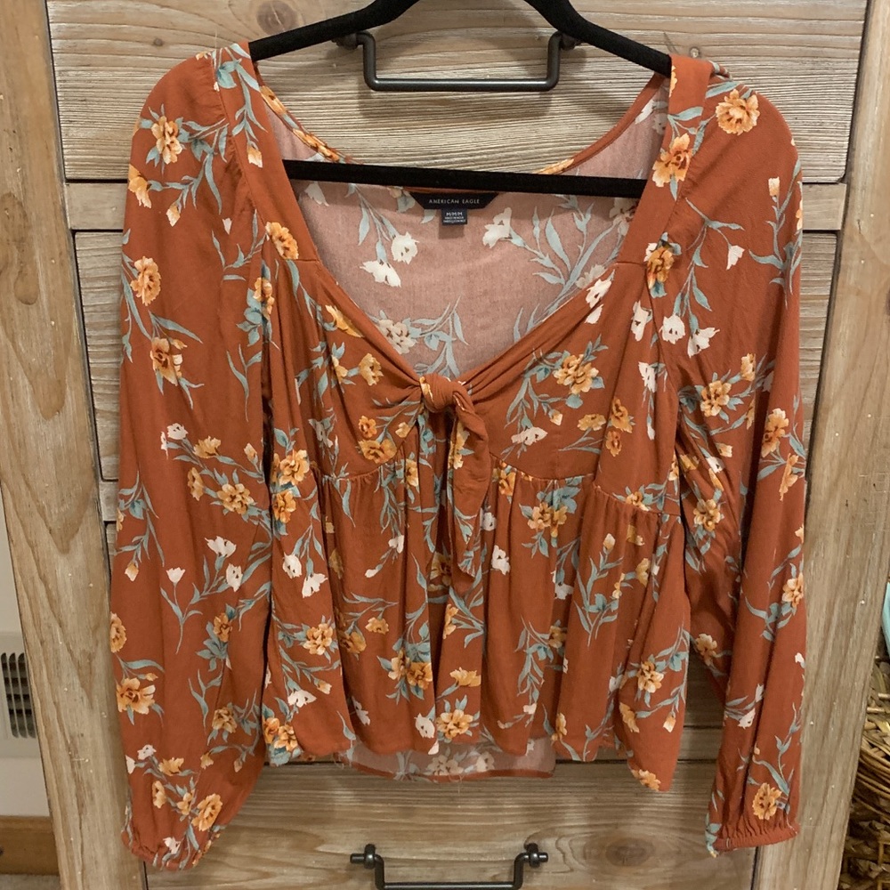 American Eagle floral tie blouse